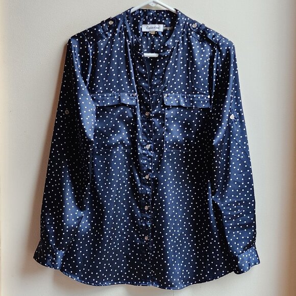 Calvin Klein Navy Polka Dot Button Down Shirt Size Petite Small - Picture 6 of 16